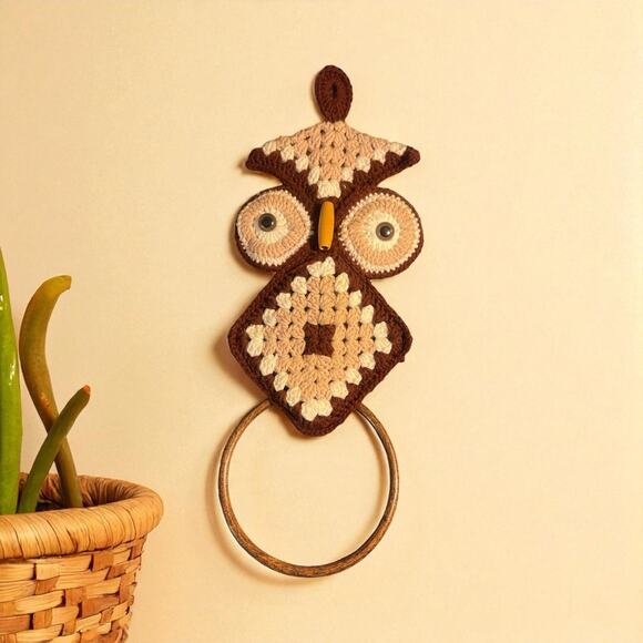 Vintage Handmade Crochet Towel Owl Holder KitschGrandma's Cottage-core Boho - Picture 1 of 6
